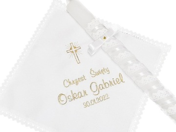 SZATKA I ŚWIECA DO CHRZTU srebna- złota haft
