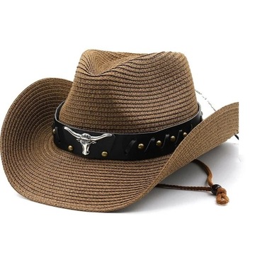 kapelusz męski słomiany Western kowboj czapka przeciwsłoneczna ciemny brąz