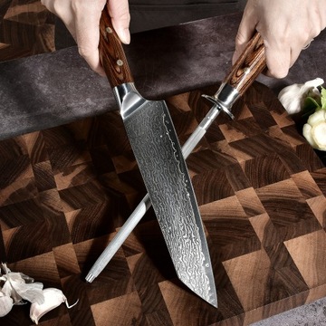 ПРОФЕССИОНАЛЬНЫЙ ЯПОНСКИЙ ШЕФ-НОЖ ДАМАСКСКАЯ СТАЛЬ + НОЖ ДЛЯ ЗАТОЧКИ YD201-22