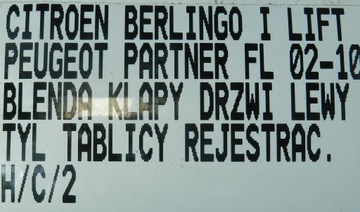 BERLINGO I PARTNER LIŠTA CLONA (KRYT) TABULKY SPZ 96216318ZL