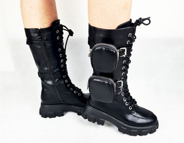 CZARNE PŁASKIE SZNUROWANE KOZAKI BUTY BOTKI 41
