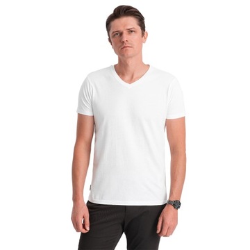 Męska bawełniana koszulka z dekoltem w serek BASIC biała V4 OM-TSBS-0145 M