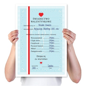 ŚWIADECTWO WALENTYNKOWE XXL - MIŁOŚĆ PLAKAT dla niego dla niej WALENTYNKI