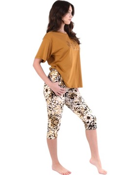 Piżama damska koszulka spodnie za kolano pomarańczowo-kremowa w kwiatki 4XL
