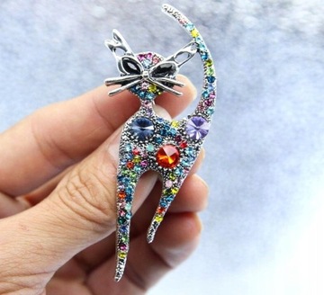 Broszka Kot Kotek kolorowe cyrkonie pin zwierzak elegancka przypinka