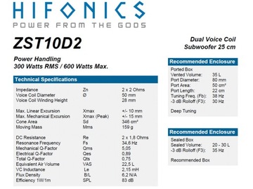 HiFonics ZST10D2 — Сабвуфер 25 см, 300RMS, 2x2 Ом