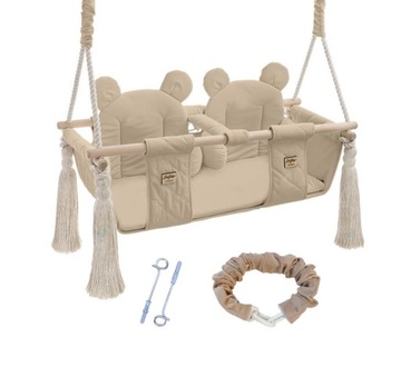 HUŚTAWKA TWINS DLA BLIŹNIĄT BEIGE BABYSTEPS KOMPLET + PASY + HAKI