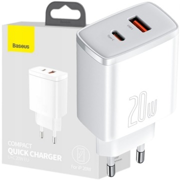 SZYBKA ŁADOWARKA SIECIOWA DO TELEFONU QC 3.0 2x USB USB-C PD 20W 3A BASEUS