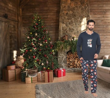 Рождественская хлопковая длинная мужская пижама NETi с Санта-Клаусами HO! ХО! ХО! Военно-морской