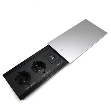 Gniazdo podwójne +USB nablatowe przesuwane wpuszczane 2xFR 2xUSB-A SREBRNE
