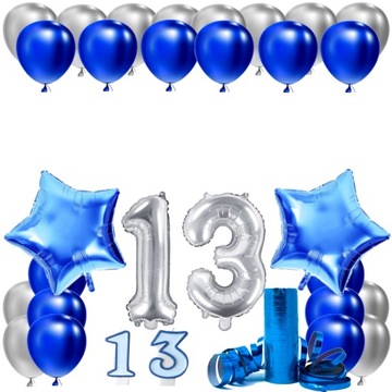 ZESTAW BALONY NA 13 URODZINY LAT NIEBIESKI SREBRNY 13 ROCZNICA ŚLUBU