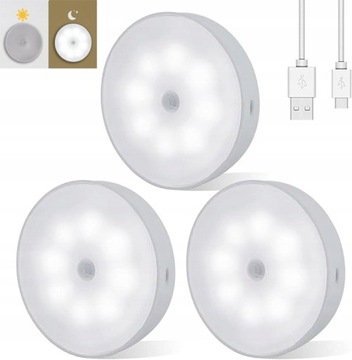 3X LAMPA LED Z CZUJNIK RUCHU NOCNA, ŚWIATEŁKO BIAŁY
