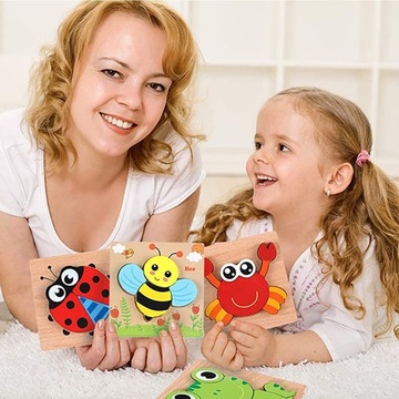 DREWNIANE PUZZLE 3D GRA EDUKACYJNA UKŁADANKA 3 SZT