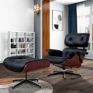 Fotel Eames Lounge Chair, czarny, naturalna skóra bydlęca ciemny palisander