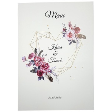 Menu weselne na wesele ślub karta dań posiłków motywy BOHO