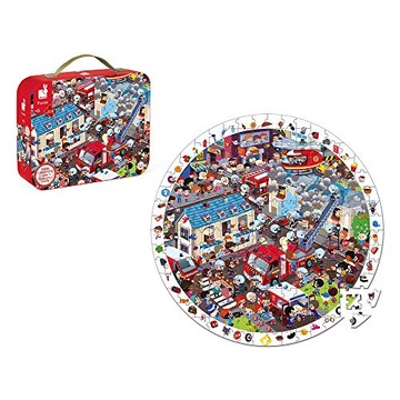 Janod - Extreme Firemen Round Observation Puzzle 208 Pieces - Suitcase with