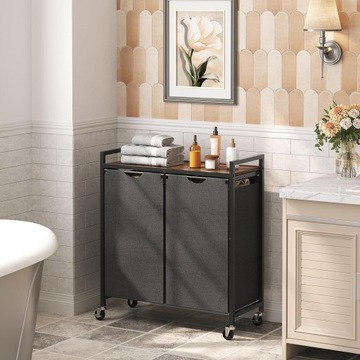 KOSZ NA PRANIE Z PÓŁKĄ I KÓŁKAMI 2 KOMORY DO SEGREGACJI 85L REGAŁ LOFT