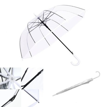 PARASOL TRANSPARENTNY PARASOLKA PRZEZROCZYSTA NA ŚLUB BIAŁA DUŻA SKŁADANA