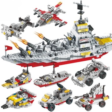 KLOCKI STATEK WOJSKOWY NISZCZYCIEL OKRĘT SAMOCHÓD HELIKOPTER 910EL. 40x20cm