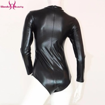 S-5XL Plus Size Women Leather Bodysuit Long Sleeve