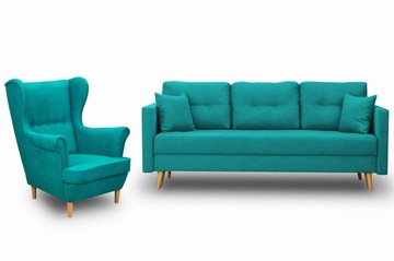 TURKUSOWY ZESTAW WYPOCZYNKOWY SOFA + FOTEL USZAK