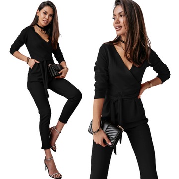 ELEGANCKI KOPERTOWY KOMBINEZON PASEK GLAMOUR CZERŃ