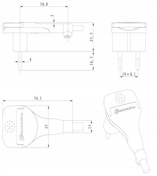 Вилка плоская угловая без заземления, 6А, белая