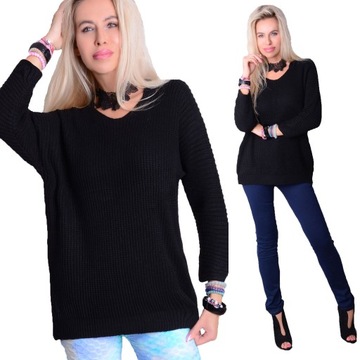 ADDAMS SWETER SOLIDNY SWETEREK DEKOLT SEREK OVERSIZE CIEPŁY DUŻE CZARNY 686