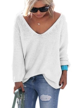 Mikos Luźny Sweter damski w serek z dekoltem V-neck 617 - biały S/M