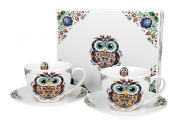 2 filiżanki do kawy Sowa etno porcelana spodki