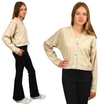 SWETER Rozpinany CIEPŁY Melanżowy KRÓTSZY Miły GUZIKI Beż 140