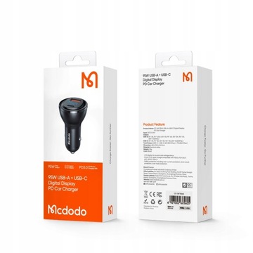 АВТОМОБИЛЬНОЕ ЗАРЯДНОЕ УСТРОЙСТВО MCDODO USB/USB-C PD 95 Вт с ЖК-дисплеем
