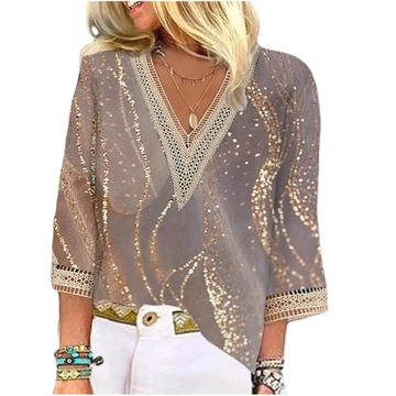 ЭЛЕГАНТНАЯ ЖЕНСКАЯ БЛУЗКА, РУКАВ 3/4, КРУЖЕВО, ТОРЖЕСТВЕННЫЙ ПРИНТ, ВЕСНА