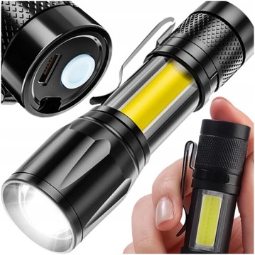 MEGA LATARKA MOCNA MAŁA TAKTYCZNA COB ZOOM LED USB AKUMULATOROWA NA BIWAK
