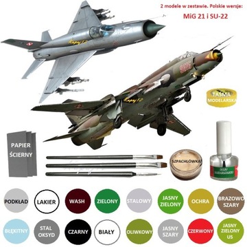 Zestaw 2 modeli samolotów MiG-21+ SU-22 ZESTAW:FARBY, LAKIER+KLEJ+PĘDZLE