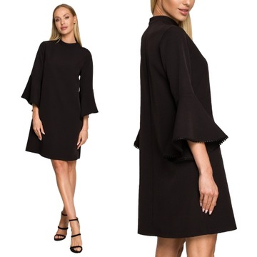 SUKIENKA ELEGANCKA KOBIECA WESELA TRAPEZOWA OZDOBNE RĘKAWY CZARNA 44 XXL