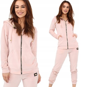 DRES DAMSKI KOMPLET WELUROWY SPODNIE BLUZA ZAMEK KOBIECY 44 2XL PUD RÓŻOWY