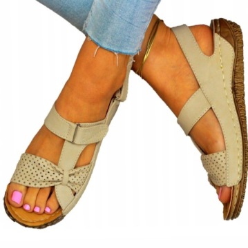 SANDAŁY DAMSKIE ELEGANCKIE RZEP SZYTE GRUBY SPÓD