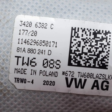 AUDI Q2 - 2020 PŘEDNÍ STRANA LEVÝ ULOŽENÍ VZDUCHOVÁ AIRBAG SEDADLA