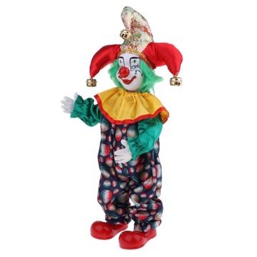 35 cm porcelanowa klaun z pięknym strojem i
