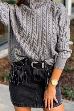 SPÓDNICA JEANS BLACK DENIM PEO FRĘDZLE 38