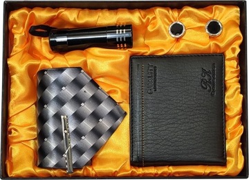 Мужской комплект, подарочный кошелек, галстук, запонки, фонарик