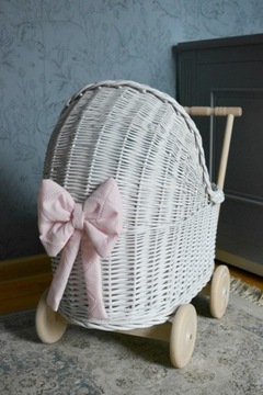 Плетеная коляска для кукол, БЕЛАЯ толкалка + постельное белье