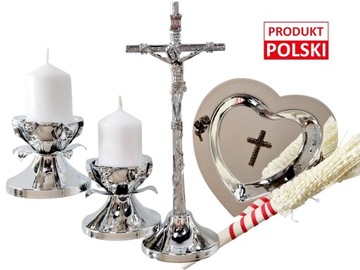Duży KOMPLET KOLĘDOWY ZESTAW RÓŻA kolęda - Krzyż kropidło świeczki lichtarz