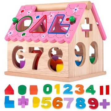 UKŁADANKA SORTER DOMEK EDUKACYJNY LICZBY I KSZTAŁTY DREWNIANY