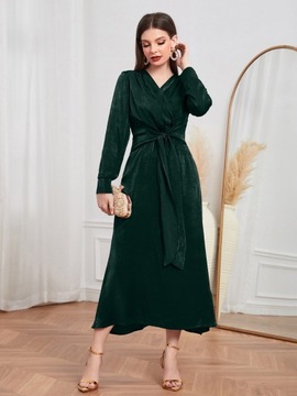 SHEIN ZIELONA SATYNOWA SUKIENKA Z WIĄZANIEM W PASIE XL 55022