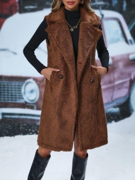 BRĄZOWA KAMIZELKA PLUSZOWA MIŚ DWURZĘDOWA DŁUGA BEZRĘKAWNIK SHEIN 44