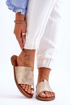 ШЛЕПАНЦЫ ЖЕНСКИЕ МОДНЫЕ, КОЖА, СВЕТЛО-ЗОЛОТО 38