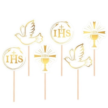 TOPPERY PIKERY GOŁĄB IHS KRZYŻ BIAŁY ZŁOTY KOMUNIA ŚWIĘTA 6 SZT