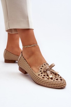 АЖУРНЫЕ БАЛЕТКИ ЖЕНСКИЕ НА ПЛОСКОМ КАБЛУКЕ С БАНТОМ, БЕЖЕВЫЙ 39